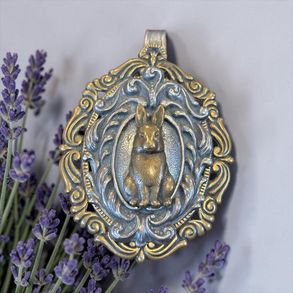Vintage Bunny Rabbit Pendant Clip Ornate Mixed Metal Cottagecore Jewelry